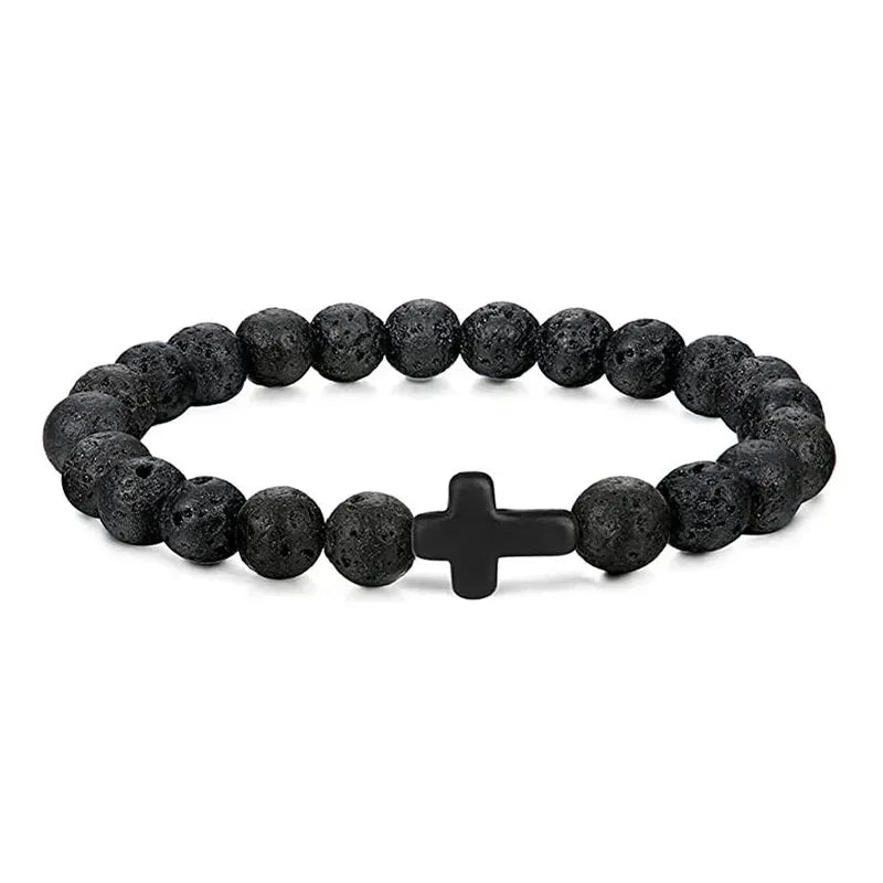 Natural Stone Christian Bracelet – Hematite Cross & Wood Beads for Men & Women